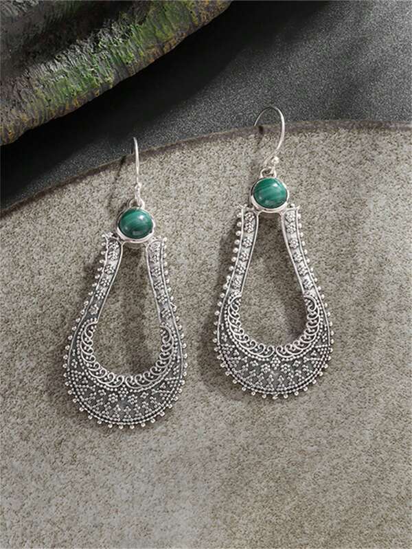 1 Pair Vintage Bohemian Stone Drop Lace Pattern Pendant Earrings, Fashion Exaggerated Casual Jewelry Gift For Women