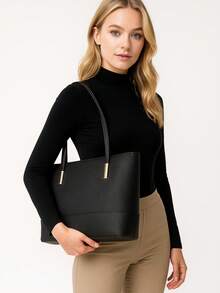 Classic Work Tote Bag Stylish Large Capacity PU Leather With Multiple Compartments - 黑色 - 查看 1