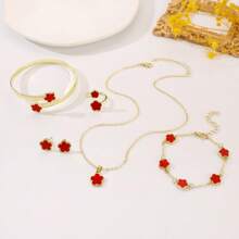 6 pezzi set di gioielli in lega a forma di foglie e quadrifogli per donne - bracciale, collana, orecchini a perno, ciondolo a fiore della fortuna