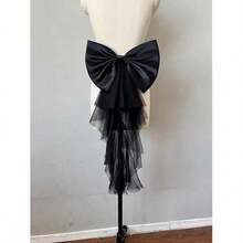 Detachable Satin Ribbon Bow For Bridal Dress Bows With Irregular Tulle Tails, Set Of 2, Black And White - 黑與白 - 查看 4