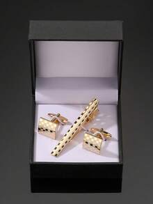 3 件男士时尚首饰套装 - 金色激光格子领带夹袖扣、法式衬衫袖扣、商务、正式、婚礼、伴郎 - 三件套 - 查看 13