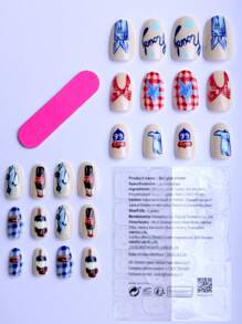 24 piezas de uñas postizas con diseño de vaquero, carretera y graffiti en estilo almendra, uñas acrílicas falsas, primera opción para chicas cool, adecuadas para uso diario, oficina, viajes y estilo Y2K, con 1 pieza de lima y 1 pieza de pegamento de gelatina