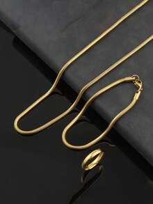 3 件套男士不锈钢金色项链、手链、戒指首饰套装，适合日常装饰或送礼，戒指尺寸可调节 - 金黃色 - 查看 1