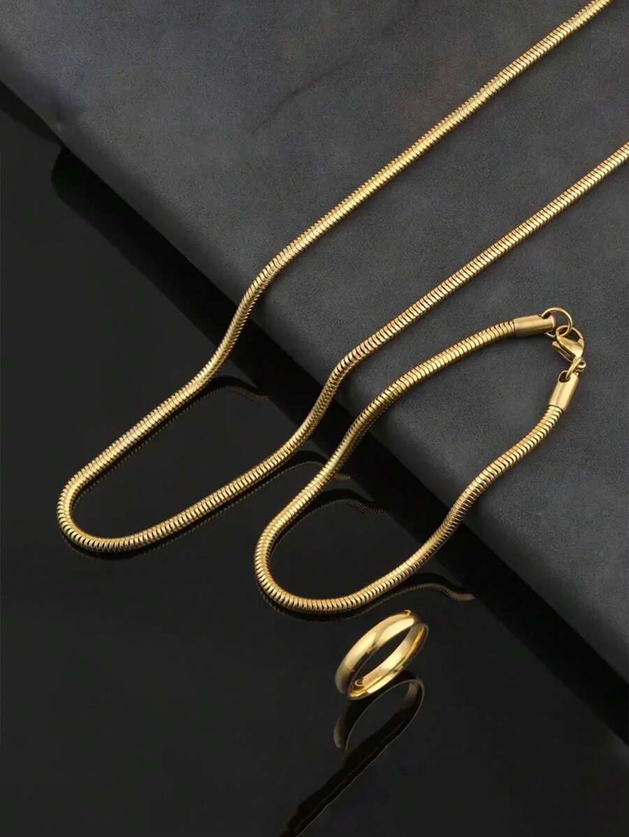 3 件套男士不锈钢金色项链、手链、戒指首饰套装，适合日常装饰或送礼，戒指尺寸可调节 - 金黃色 - 查看 1