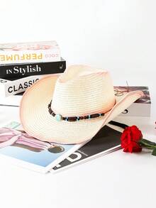 1 Stück Boho-Strohhut für Damen mit Perlen-Hutband, geeignet für alle Jahreszeiten, Urlaub und Reisen - Zylinder - Übersicht 11