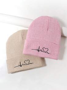 2pcs ECG Embroidered Knit Beanies, Suitable For Everyday Wear - Pink Black - View 10
