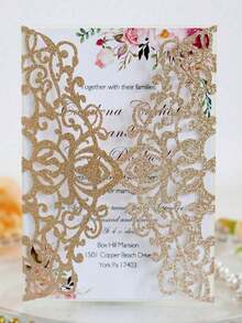 20pcs Gold Glitter Hollow Rose Design Wedding Invitations With Envelopes And RSVP Cards, Pre-Tied Ribbons, For Wedding, Bridal Shower, Engagement Party, Anniversary Best Gi - Multicolor - View 9
