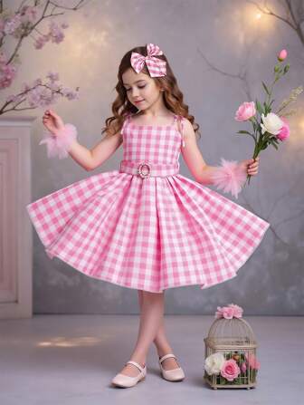 Girls Pink Tie Shoulder Elegant Party Dress, Comes With Headband And Belt