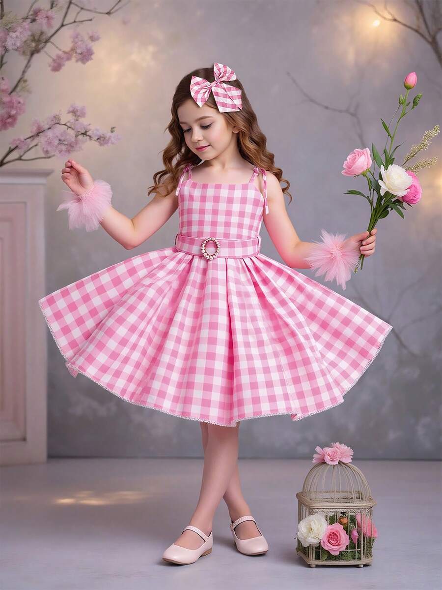 Girls Pink Tie Shoulder Elegant Party Dress, Comes With Headband And Belt - Pink - View 1