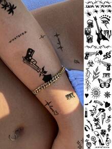 8pcs Black Temporary Tattoos, Including Heart, Couple Letter, Clover, Butterfly, Star, Flower, Snake, Inspirational Designs For Finger, Collarbone, Neck - Black - View 3