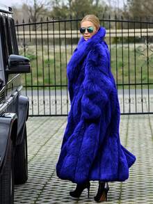 Comfortable Women's Long Faux Fur Coat, Oversized Fit, Royal Blue, Waterfall Collar, Regular Sleeve, Fuzzy Details, Non-Stretch Fabric Winter - 寶藍色 - 查看 3