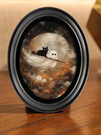 1pc Ghost And Black Cat's Broom Journey - Vintage Style Character Wall Decor - Wooden Decorative Sign (5*7 Inches), Oval Rectangle Art Room Decor Photo Frame, Perfect Gift For Halloween, Christmas And Thanksgiving Home Decor Halloween Decor