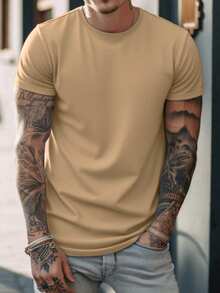 Men's Solid Color Casual Street Sporty Round Neck Short Sleeve T-Shirt - Brown - View 5