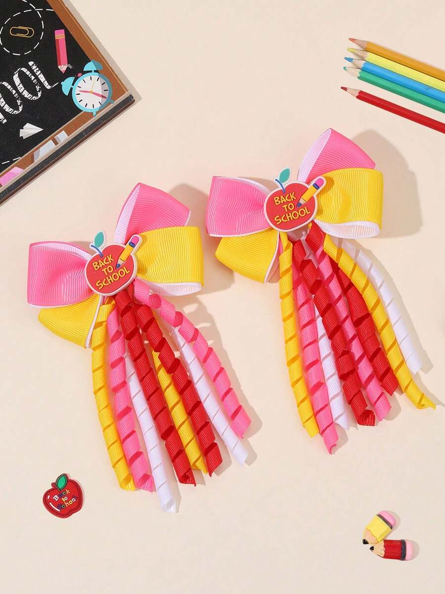 2 pezzi Fermagli per capelli a fiocco Korker con ciondoli a forma di mela rossa e code arricciate colorate, fermagli per capelli in nastro di raso, accessori carini per capelli per ragazze adolescenti per la stagione scolastica autunnale