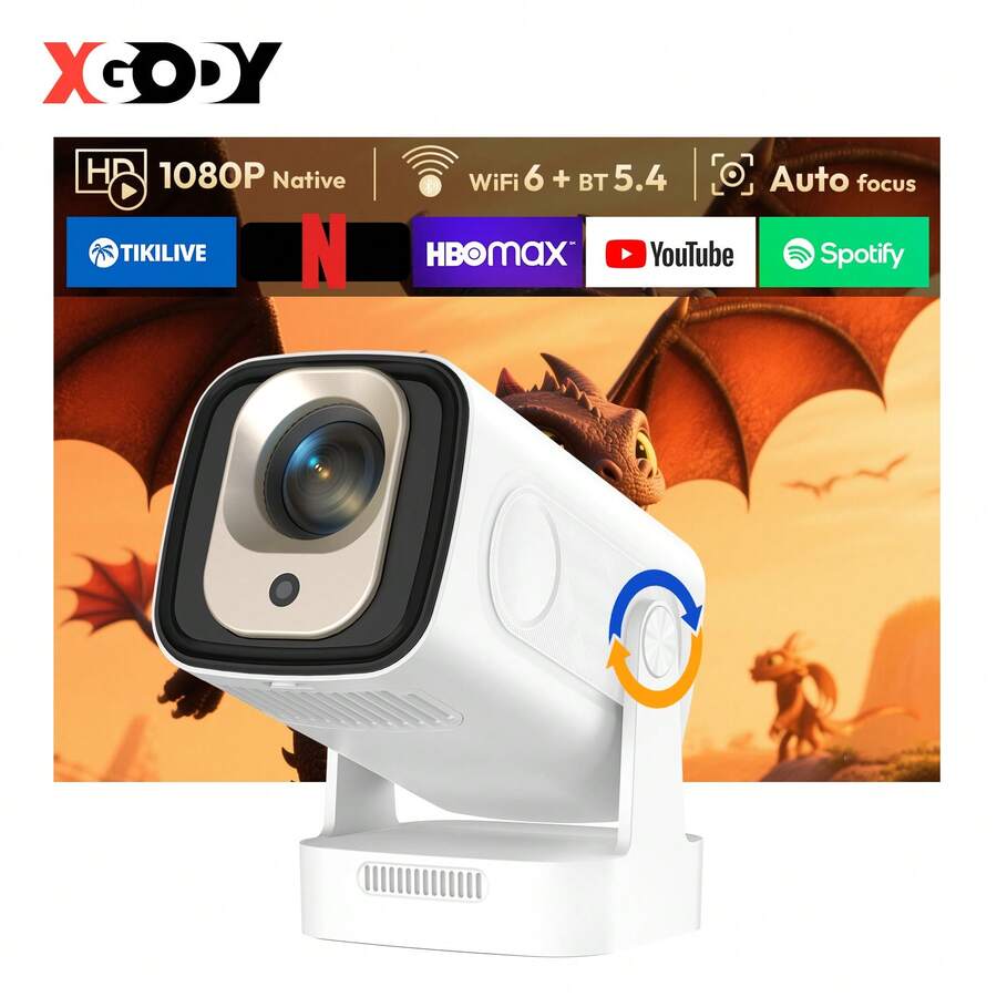 XGODY 350ANSI Brightness Smart Projector Beamer, 180° Rotation Portable Projector, Native 1920*1080P Support 4K,Built In Android 11.0 And Wifi 6 & Wireless BT 5.4 ,1GB RAM+8GB ROM Storage, 180° Angle Adjustment Automatic Keystone Correction And Automatic/Electronic Focus Home Cinema Theater In/Outdoor Video Projector For Halloween Christmas New Year'S Birthday Gifts - 白 - 查看 1