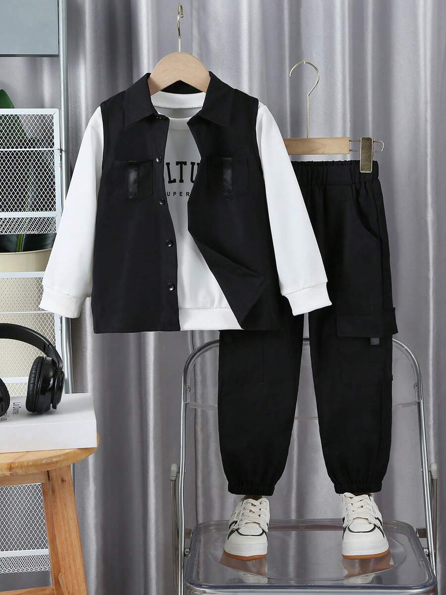 3pcs Boys Autumn Outfit Set: Vest, Sweatshirt, And Cargo Pants - Black - View 1