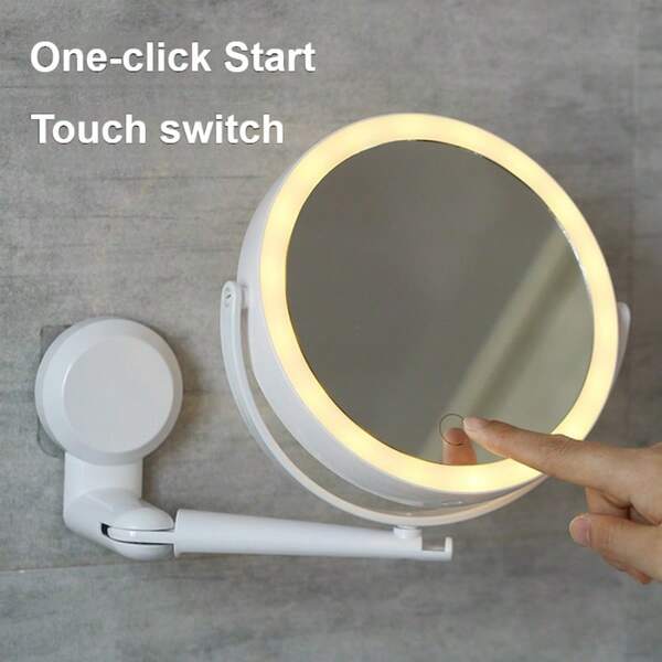 1 pieza, espejo cosmético LED montado en la pared sin perforación, espejo de baño con aumento 5X + espejo plegable retráctil con luz de tres tonos, carga, espejo giratorio 360° para dormitorio/viaje, espejo de sobremesa portátil para mujeres