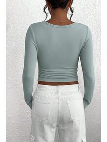 Women's 2026 Fall Long Sleeve Henley T Shirts Button Ribbed Knit Slim Fit Basic Tops Blouse Casual Outfits/Vacation Outfits Women/Valentine Outfits For Women - 湖藍色 - 查看 2