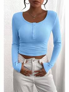 Women's 2026 Fall Long Sleeve Henley T Shirts Button Ribbed Knit Slim Fit Basic Tops Blouse Casual Outfits/Vacation Outfits Women/Valentine Outfits For Women - 淺藍色 - 查看 3