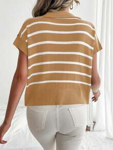 Womens Sweaters Summer Short Sleeve Shirts 2025 Zip Up Color Block Knit Striped Cropped Tops