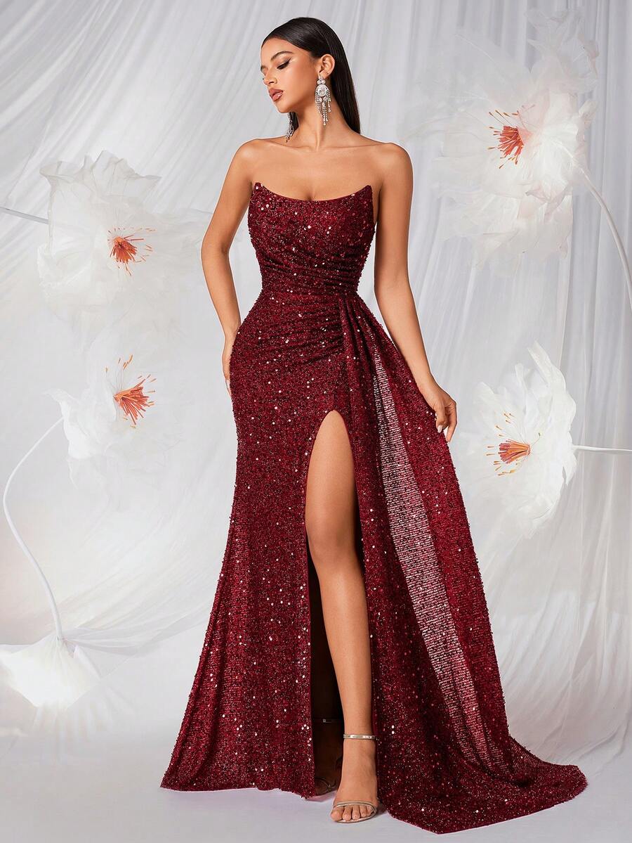 ADYCE 优雅亮片无肩带褶皱高腰高开衩长款缎面露背系带礼服，适合舞会、生日派对、正式晚宴、约会、返校节、婚礼宾客、正式晚宴、家庭聚会等多种场合。 - 酒紅色 - 查看 1
