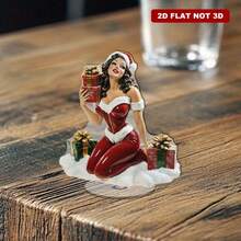 2D Rotating Acrylic Desktop Decor - Plump Female Figure In Santa Costume With Gifts, White Fur Blanket And Faux Snow Base, Holiday Decoration Suitable For Living Room, Bedroom, Kitchen, Christmas Home Decor, Christmas Gift
