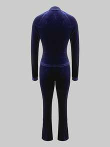 LovelyWholesale Women's Casual Stand Collar Long Sleeve Side Pocket Zipper Top And Drawstring Side Stripe Pants 2 Pieces Set Fall Clothes For Women - Navy Blue - View 5