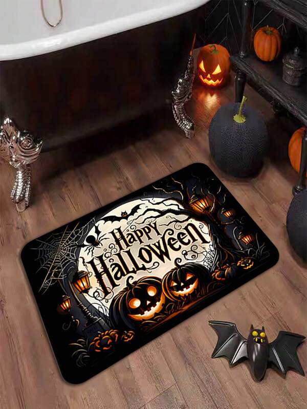 1pc Crystal Velvet Halloween Spiderweb & Pumpkin Lamp Print Entrance Mat/Doormat, Suitable For Entryway, Bedroom, Study, Etc. To Add Halloween Atmosphere. (Wrinkles May Occur Due To Factory Packaging, Just Low-Temperature Iron The Product To Restore Flatness. For High Anti-Slip Demand, An Anti-Slip Mat Is Needed)