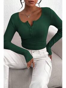 Women's 2026 Fall Long Sleeve Henley T Shirts Button Ribbed Knit Slim Fit Basic Tops Blouse Casual Outfits/Vacation Outfits Women/Valentine Outfits For Women - 墨綠色 - 查看 4