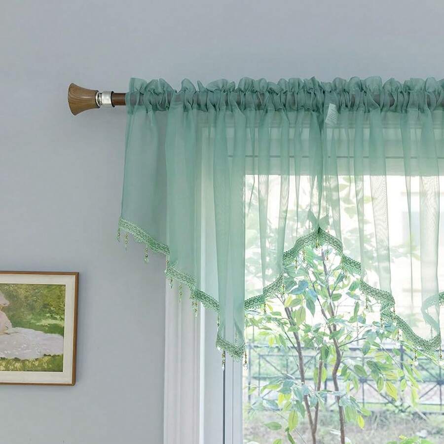 PearAge Beaded Sheer Valance Ctains Living Room,Rod Pocket Farmhouse Window Valance, Bead Trim Tassel Voile Sheer Ctain Valance Bedroom Bathroom Cafe 51x24 Inches (Beige) 1PC - Mineral Blue - View 1
