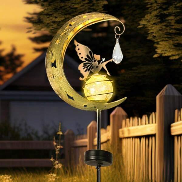 1PC Moon Fairy And Angel Decorative Metal Solar Pole Lamp, Garden Solar Lamp Outdoor Decorative Lamp, Suitable For Yard, Lawn, Terrace Or Courtyard