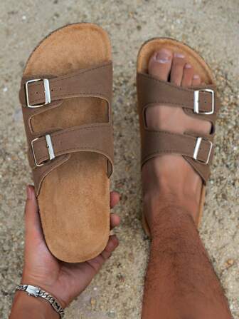 Men's Fashion Double Buckle Casual Non-Slip Slide Sandals, Suitable For Indoor And Outdoor Walking