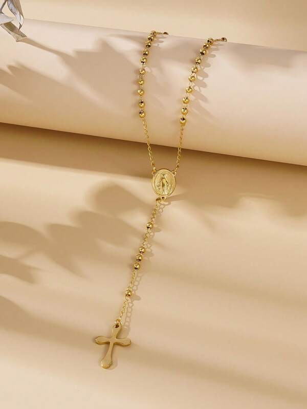 قلادة قلادة صليب من الفولاذ المقاوم للصدأ باللون الذهبي قطعة واحدة، أسلوب شعبي أوروبي وأمريكي