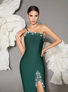 Handmade Beaded One Shoulder Knit Bandage Bodycon Dress, Elegant For Family Gatherings, Parties, And Evening Occasions