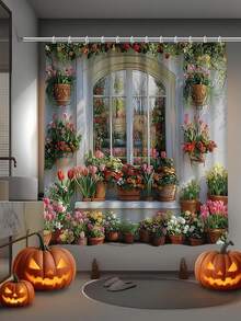 1 pieza de Cortina de ducha para el jardín al aire libre con bellas flores de tulipán, plantas verdes, hojas y enredaderas, estilo de moda, decoración del baño del hogar, cortina de ducha, cortina divisoria de la bañera, con 12 ganchos, accesorios de decoración del patio para el fondo del baño - Multicolor - Ver 4
