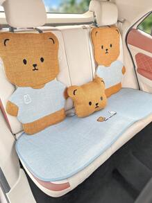 1pc Car Seat Cover, Cute Bear Pattern, Linen Material, All Season Use, Breathable, Anti-Slip, Summer Rear Seat Cushion