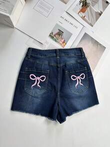 Shorts jeans femininos com bordado de laço, minimalistas e estilosos para o verão