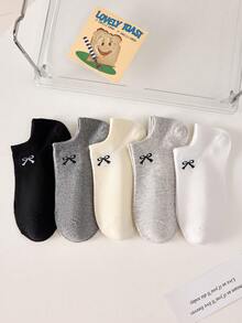 5 pares de calcetines invisibles de estilo barco con lazo dulce para mujer, calcetines casuales antideslizantes, suaves y cómodos de moda, adecuados para primavera/verano, uso diario, todas las estaciones - Multicolor - Ver 4