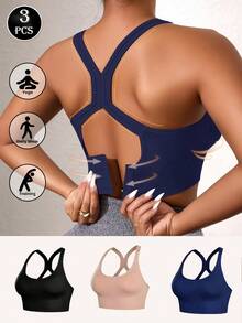 Sutiã de ioga sem costura feminino 3 peças, sutiã à prova de choque, costas, sutiã de elevação de axila de seção fina, sem fio, lingerie, conjunto de cor sólida, alça cruzada, roupa íntima de ioga confortável para uso interno e externo, estilo respirável confortável, sutiã de ioga sexy, costas cruzadas, top de ioga, sutiã sem fio, academia, à prova de jarretes, lingerie confortável - Multicolorido - Ver 1