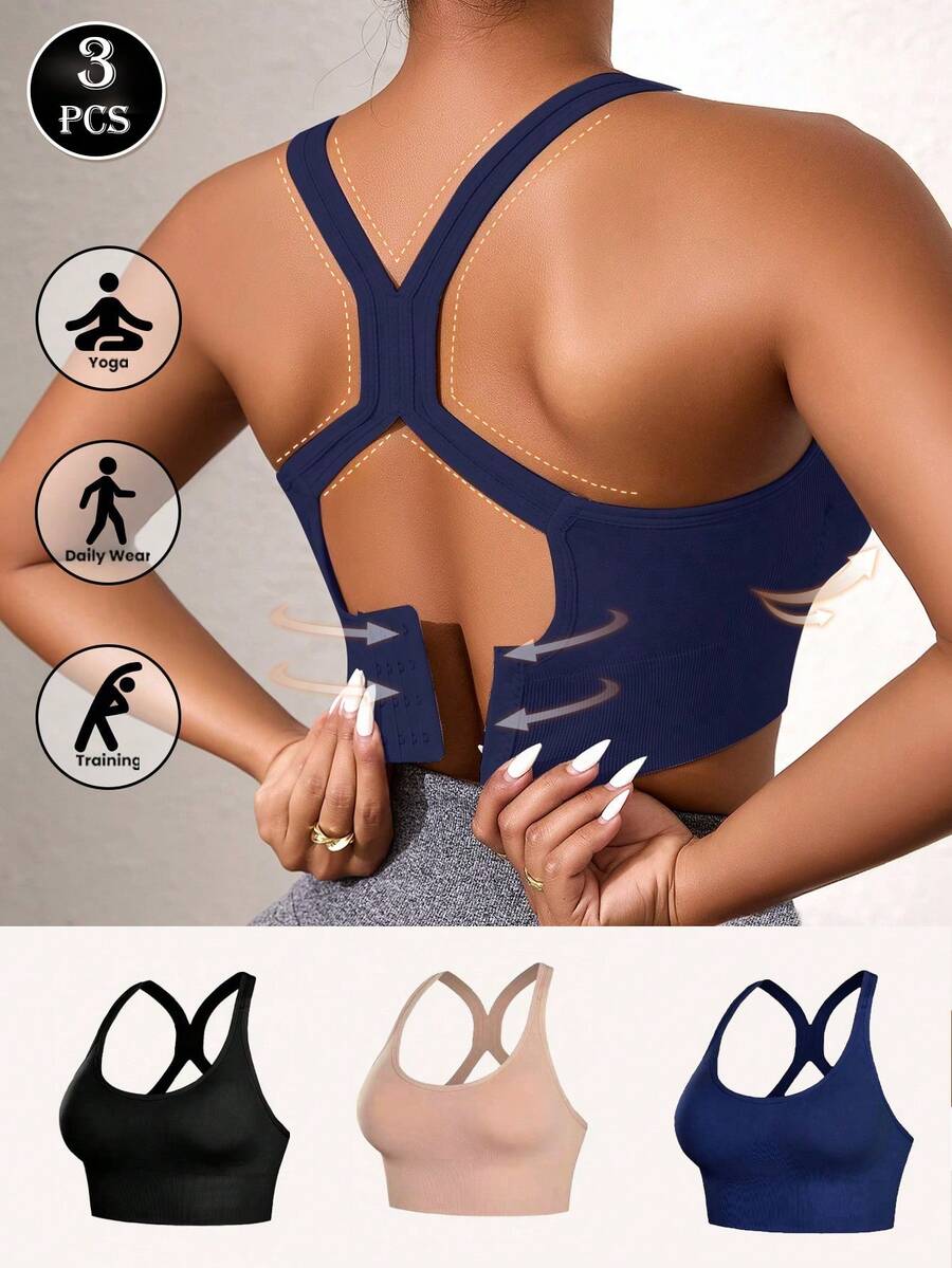 Sutiã de ioga sem costura feminino 3 peças, sutiã à prova de choque, costas, sutiã de elevação de axila de seção fina, sem fio, lingerie, conjunto de cor sólida, alça cruzada, roupa íntima de ioga confortável para uso interno e externo, estilo respirável confortável, sutiã de ioga sexy, costas cruzadas, top de ioga, sutiã sem fio, academia, à prova de jarretes, lingerie confortável - Multicolorido - Ver 1