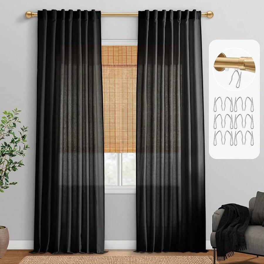 Coquette White Linen Bedroom Sheer Curtains 108 Inches Long, Back Tab Pleated Long Curtains, Elegant Modern Long White Curtains Living Room, 9 FT - Black - View 1