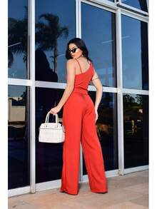 Conjunto 2 peças Rafaela Feminino Elegante Pantalona Alça Fina Look Noite e Festa - Vermelho - Visão 2