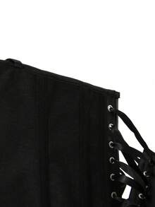 1 件女式系带紧身胸衣上衣，PU 无袖短款上衣，前开襟，腰部塑形，黑色肩部镂空设计，合身