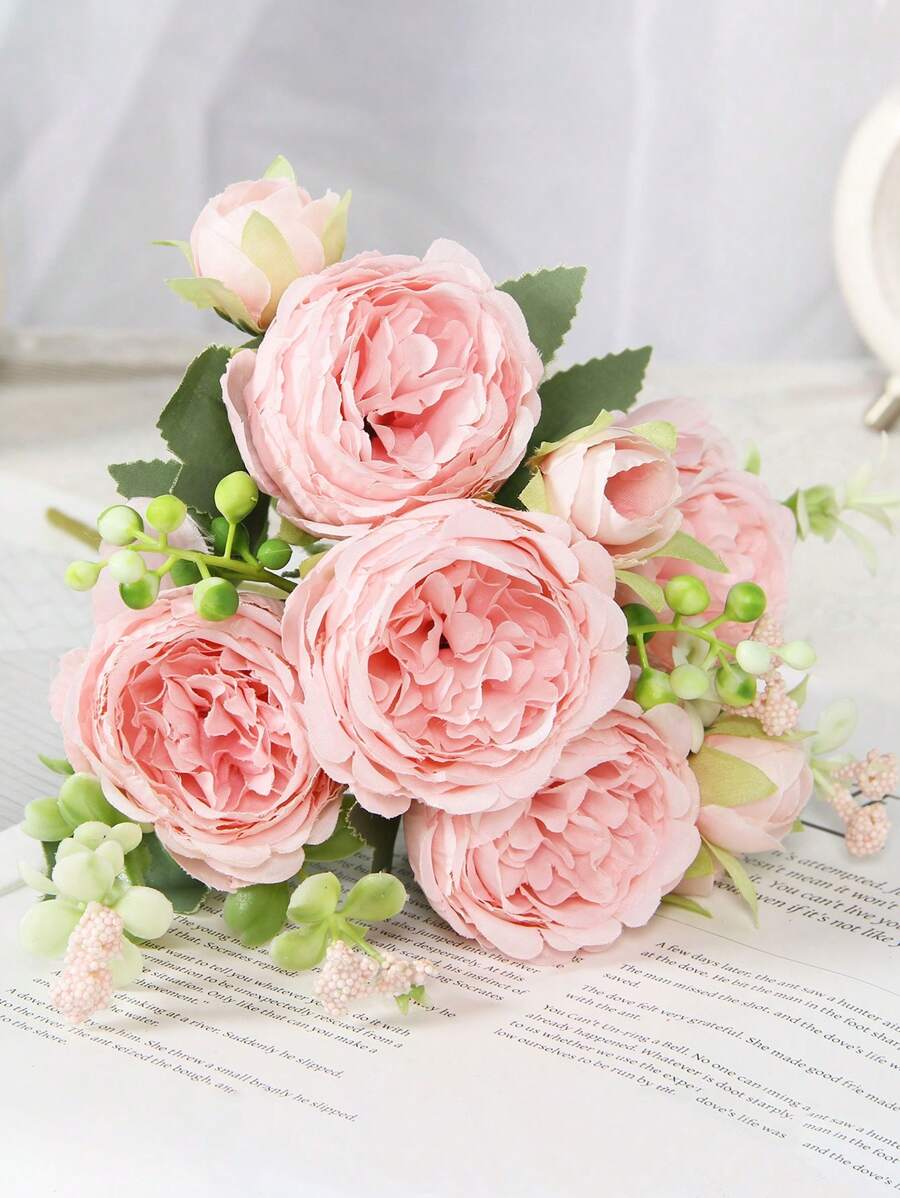 1 buchet de flori artificiale mixte cu trandafir, hortensie, bujor, ideal pentru cadou de Ziua Îndrăgostiților, nuntă, petrecere de ziua de naștere, decorare interioară, flori conservate care nu necesită întreținere