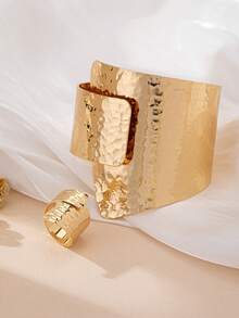 2 件时尚夸张性感金色金属几何不对称圆形手链和戒指套装，适合女性日常佩戴