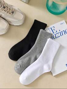 3/6 pares de meias femininas de cano médio, sólidas, para uso diário, meias de outono