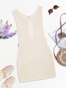 女式夏季波西米亚风性感镂空休闲透明无袖紧身露背短款连衣裙