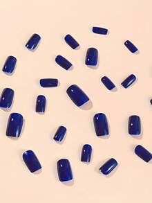 24片蓝色方形纯色全覆盖假指甲套装，包含1片凝胶和1个指甲锉，按压式指甲，美甲用品 - 藍色 - 查看 3