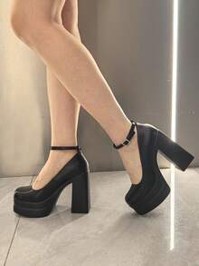 Platform High Heels For Women Chunky Heeled Mary Janes Heels Closed Toe Adjustable Ankle Strap Y2K Shoes - 黑色 - 查看 4