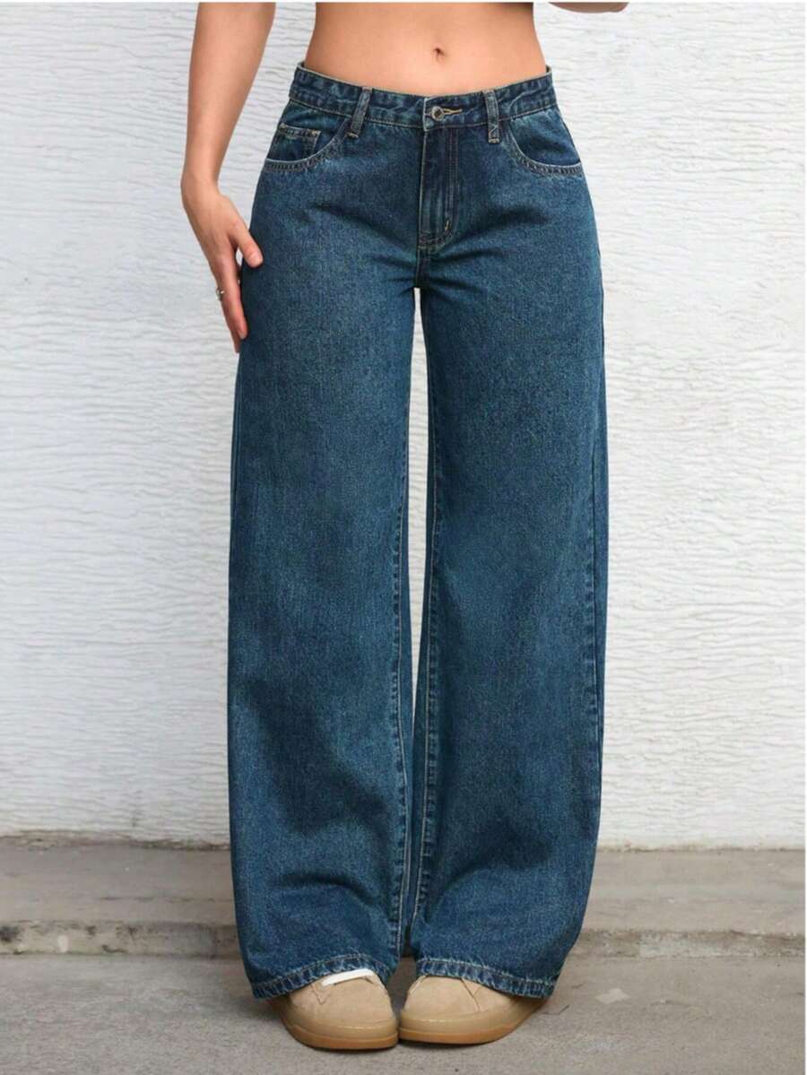 Calça jeans feminina reta, larga, solta e confortável, cor sólida - Azul - Ver 1